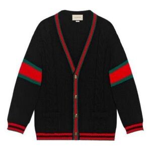 Gucci Black Cable Knit Cardigan with Red and Green Stripes